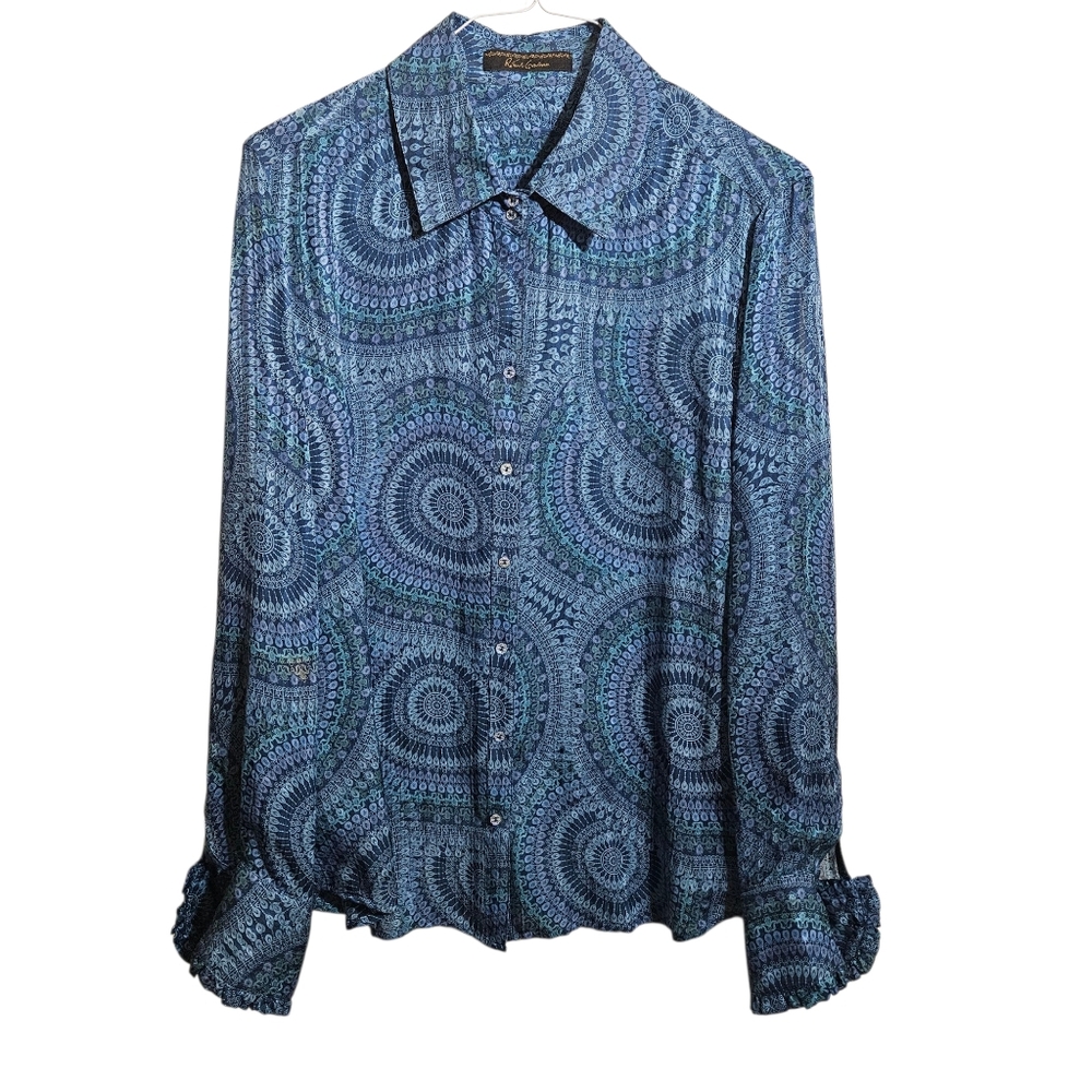 Robert Graham Size XL Women's Button Up 100% Silk Blue Paisley Ikat Geo Blouse